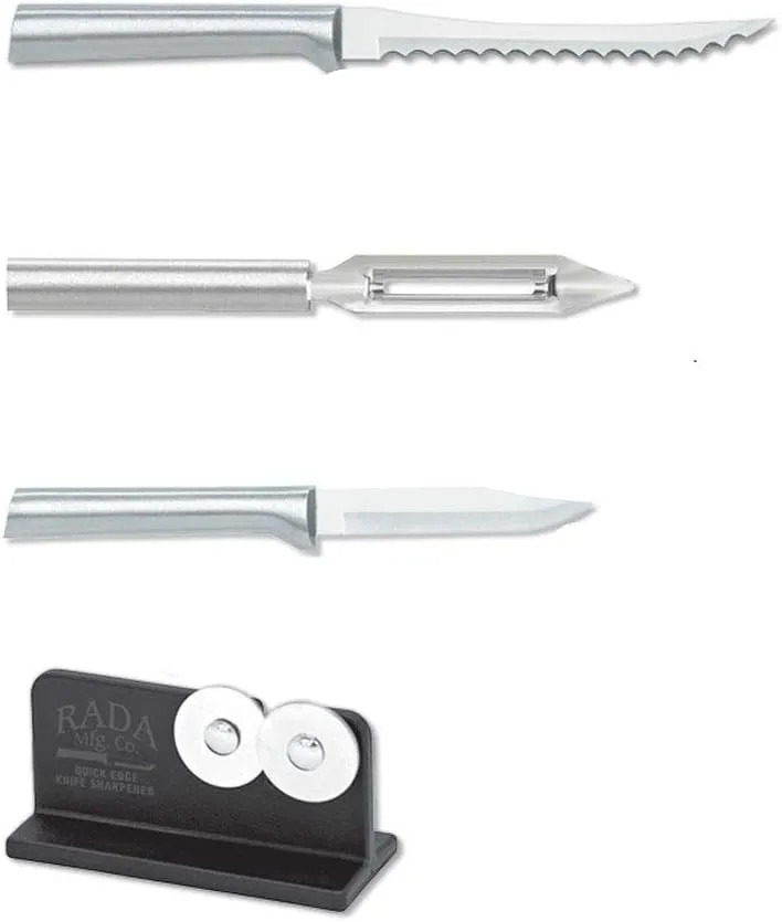 Rada Cutlery 3-piece Peel, Pare & Slice Knife Gift Set with Quick Edge Sharpener, Silver Handles