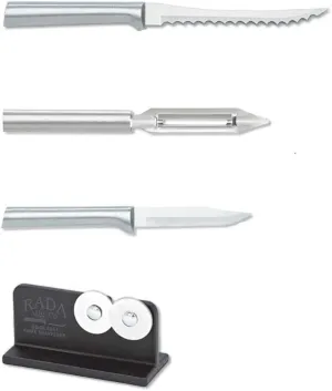 Rada Cutlery 3-piece Peel, Pare & Slice Knife Gift Set with Quick Edge Sharpener, Silver Handles