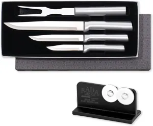 Rada Cutlery 4-piece Prepare Then Carve Knife Gift Set with Quick Edge Sharpener, Silver Handles