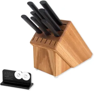 Rada Cutlery Essential Oak Block Set with Quick Edge Sharpener, Black Handles