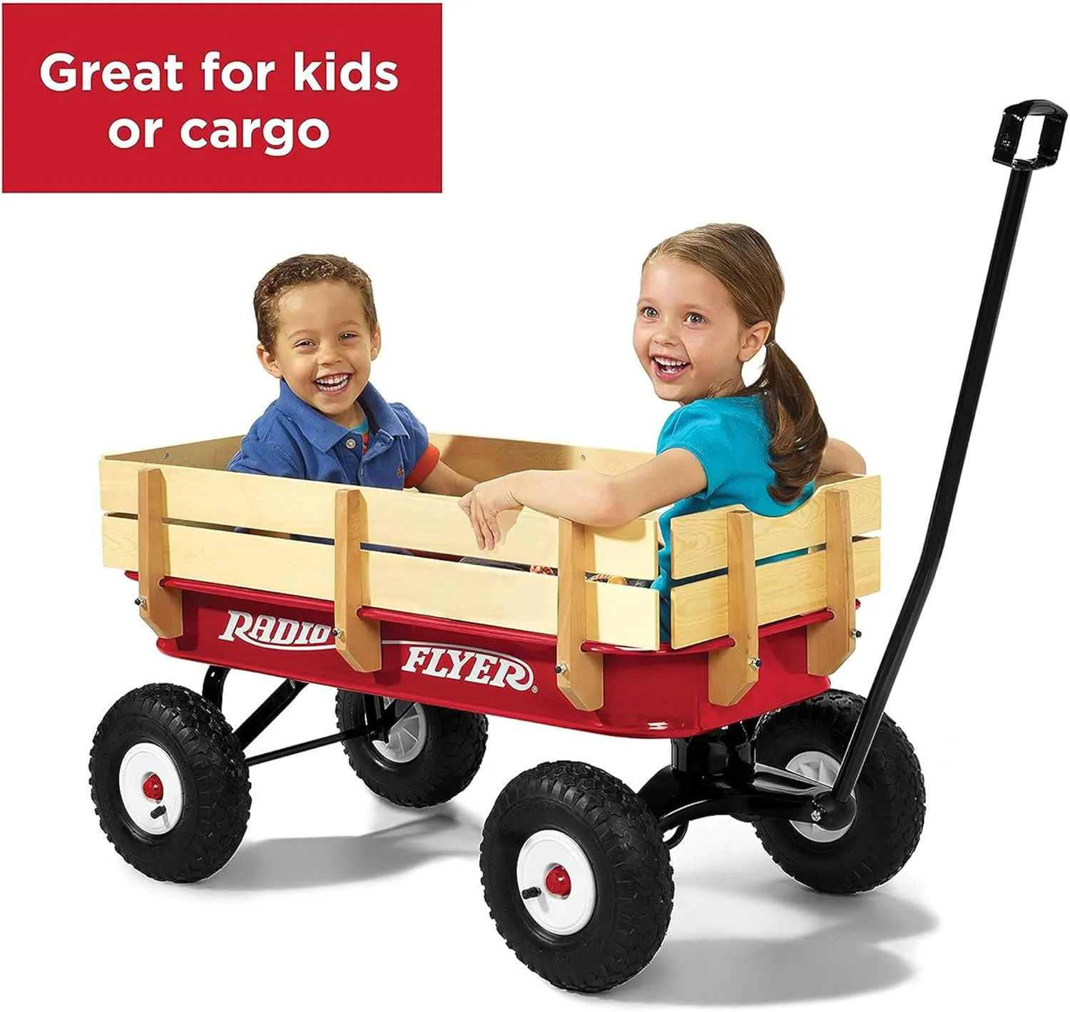 Radio Flyer Pull Along Kids Wagon with Foldable Handle and Wooden Stake Sides, Red - Heavy Duty Outdoor Cart and Carrier with Wheels for Children