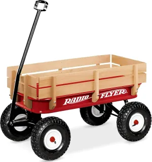 Radio Flyer Pull Along Kids Wagon with Foldable Handle and Wooden Stake Sides, Red - Heavy Duty Outdoor Cart and Carrier with Wheels for Children