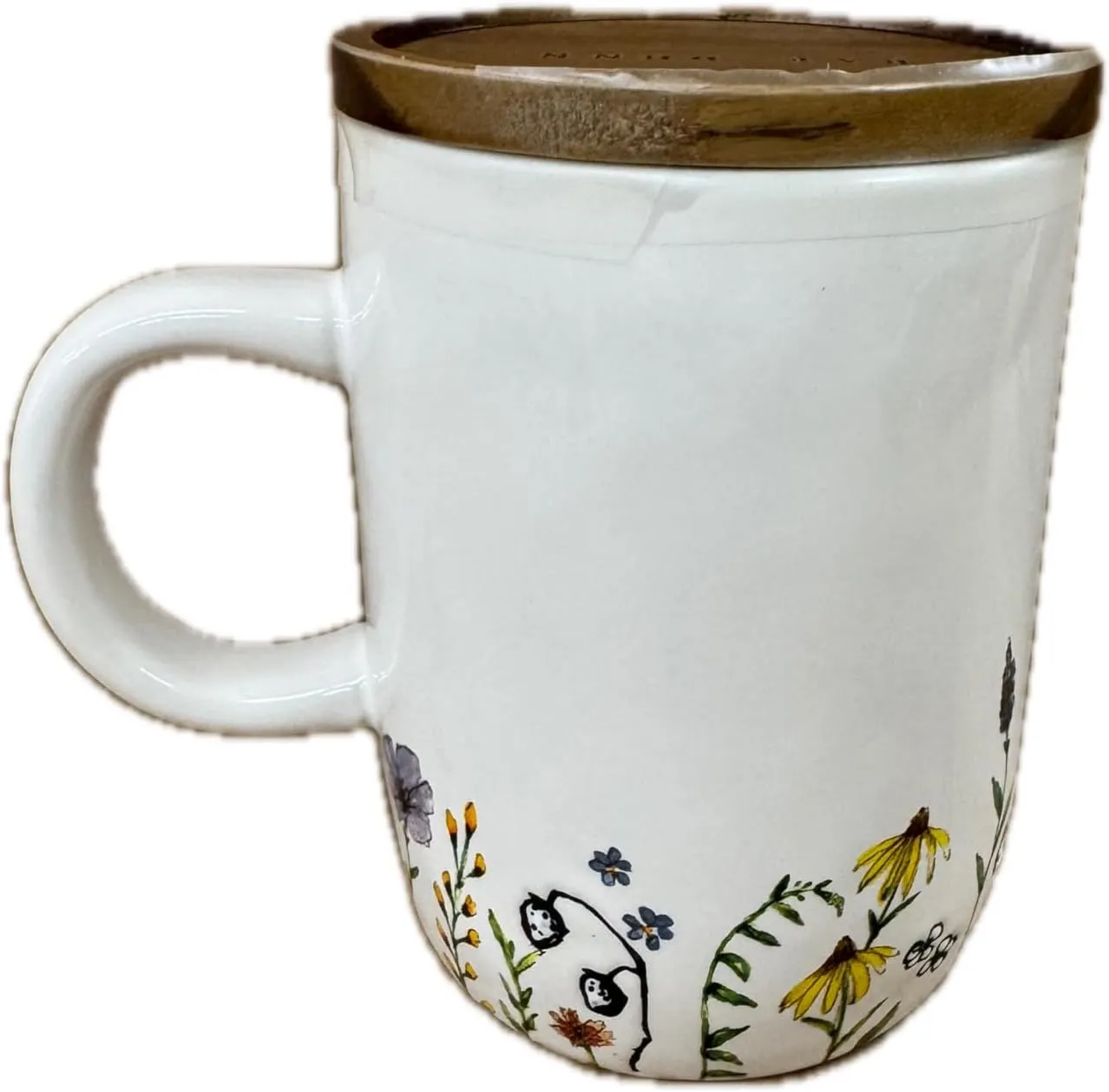 Rae Dunn Ceramic Coffee Mug, Wife Mom Boss Design, White with Floral Pattern (Includes Wooden Lid)