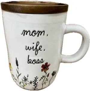 Rae Dunn Ceramic Coffee Mug, Wife Mom Boss Design, White with Floral Pattern (Includes Wooden Lid)