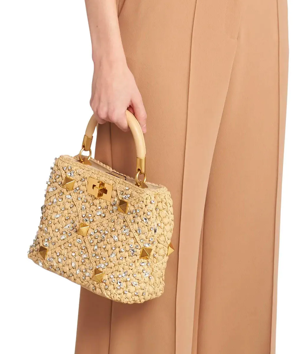 Raffia Small Roman Stud Bag in Natural Crystal
