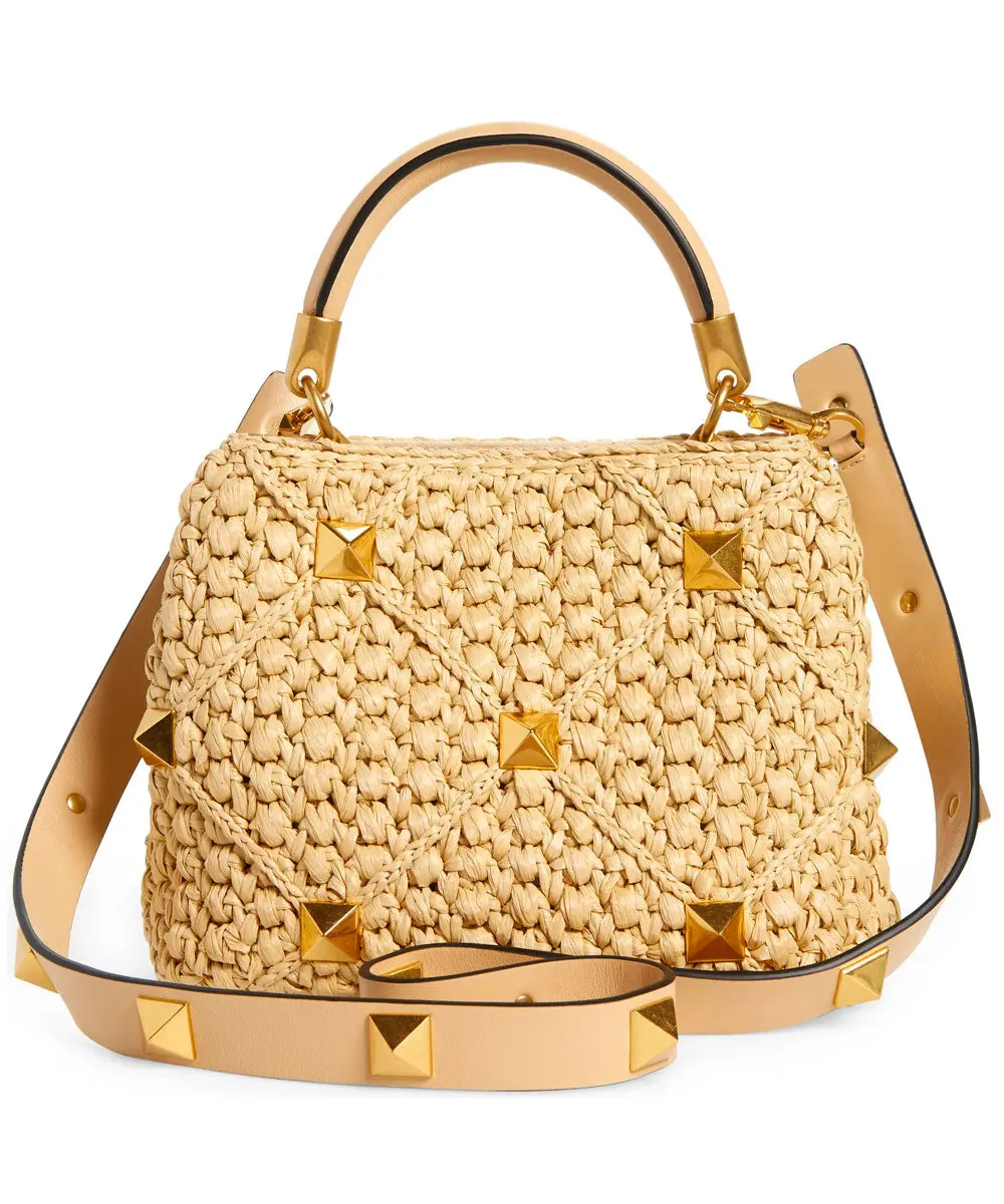 Raffia Small Roman Stud Bag in Natural Crystal