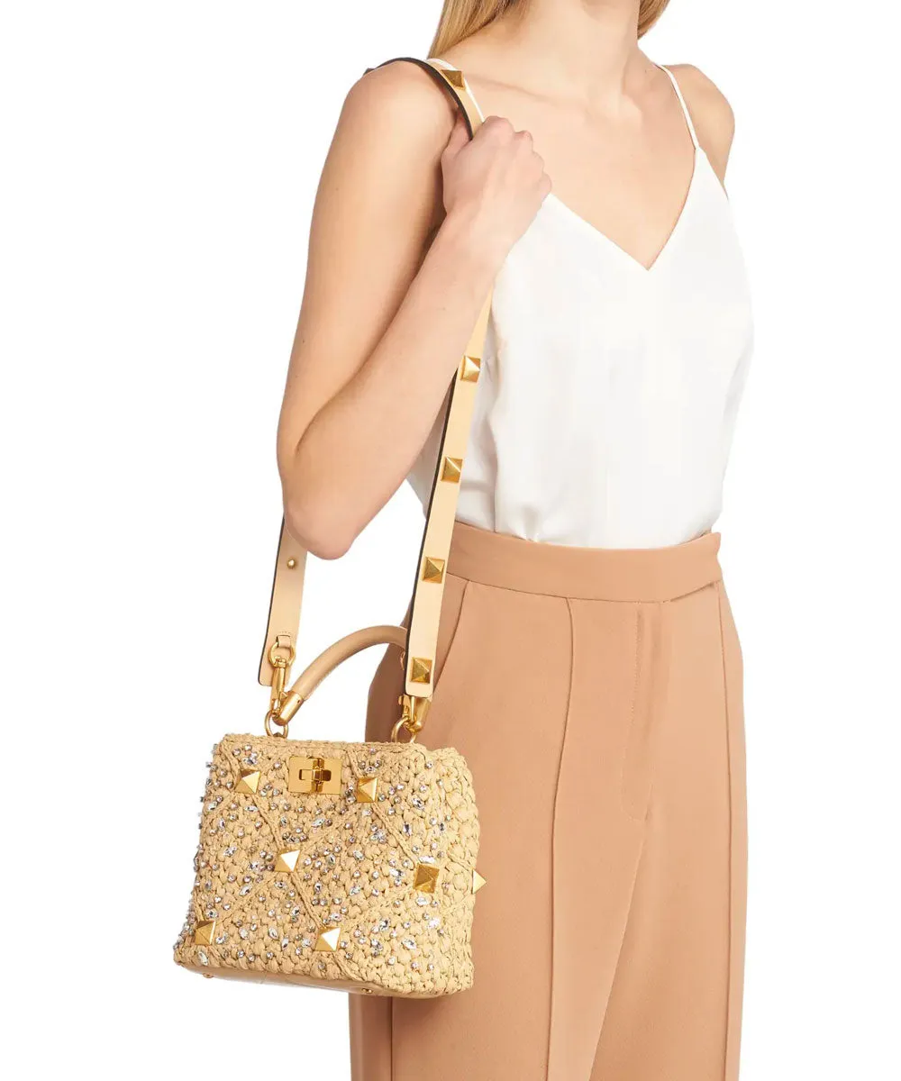 Raffia Small Roman Stud Bag in Natural Crystal