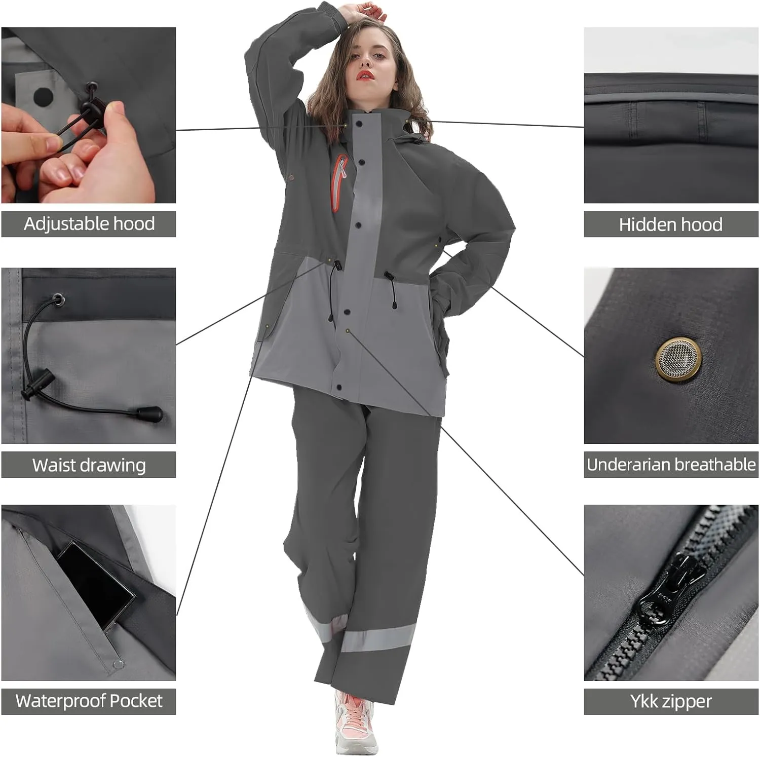 Rain Suit for Women, Waterproof Rain Jacket & Trouser with Reflective Srtip, Rain Gear for All-Sport Anti-storm