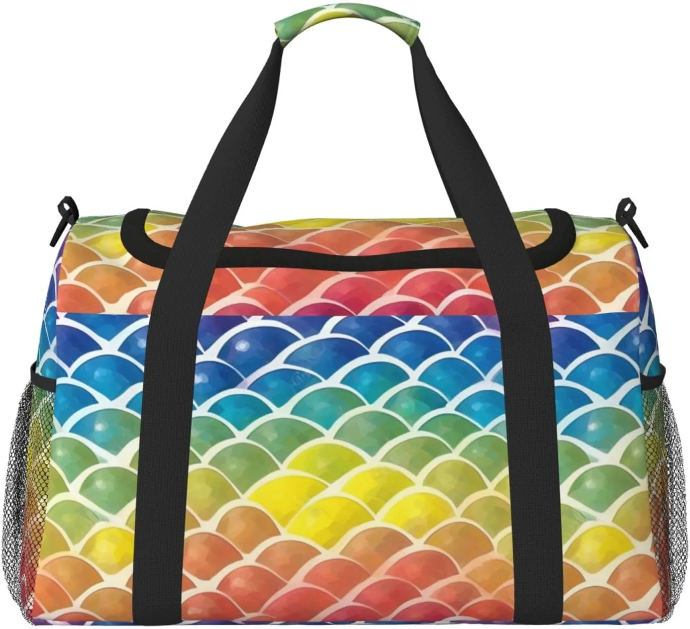 Rainbow Fish Scale Travel Duffel Bag With Zippers And Handles, Big Foldable Duffle Bag For Family Vacations