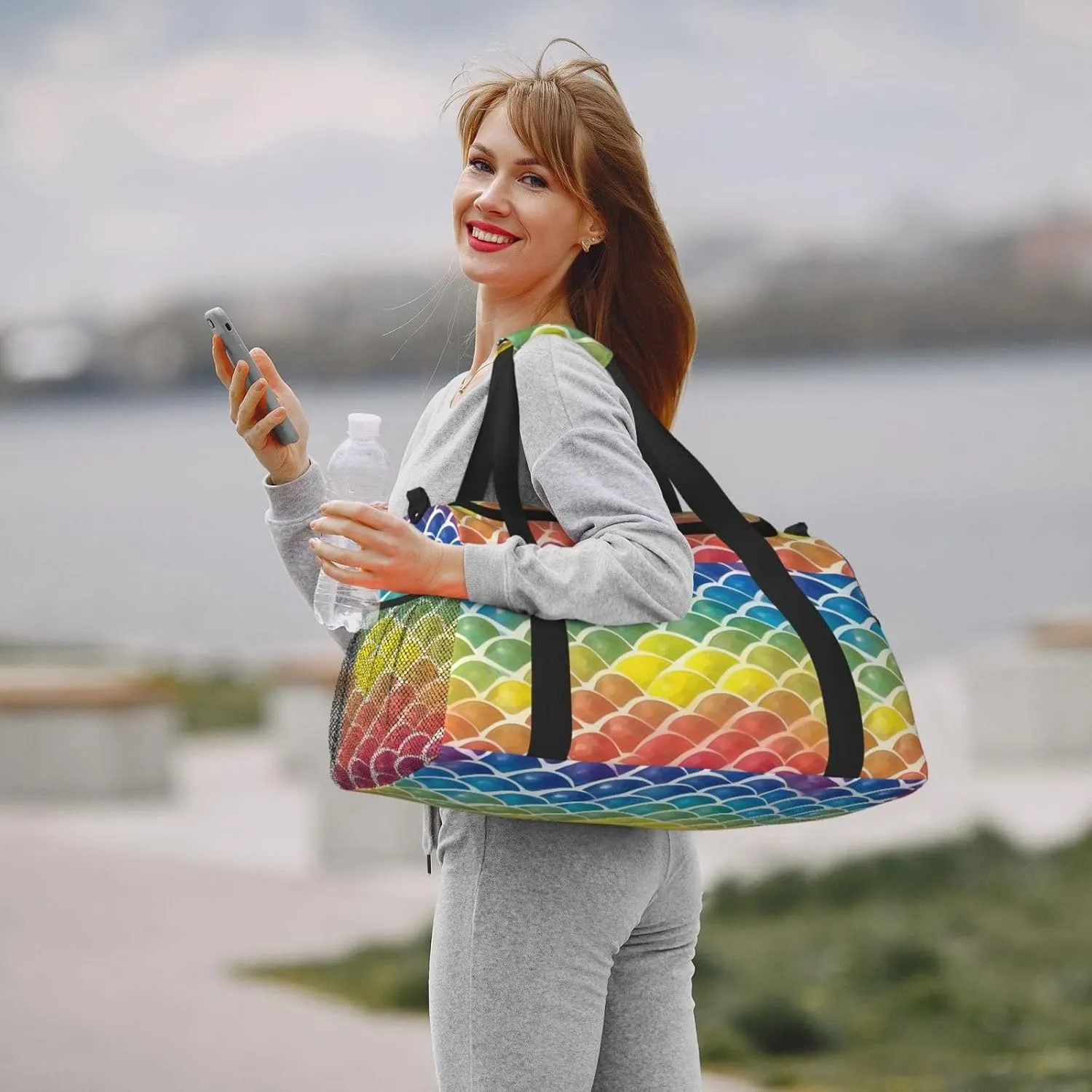 Rainbow Fish Scale Travel Duffel Bag With Zippers And Handles, Big Foldable Duffle Bag For Family Vacations
