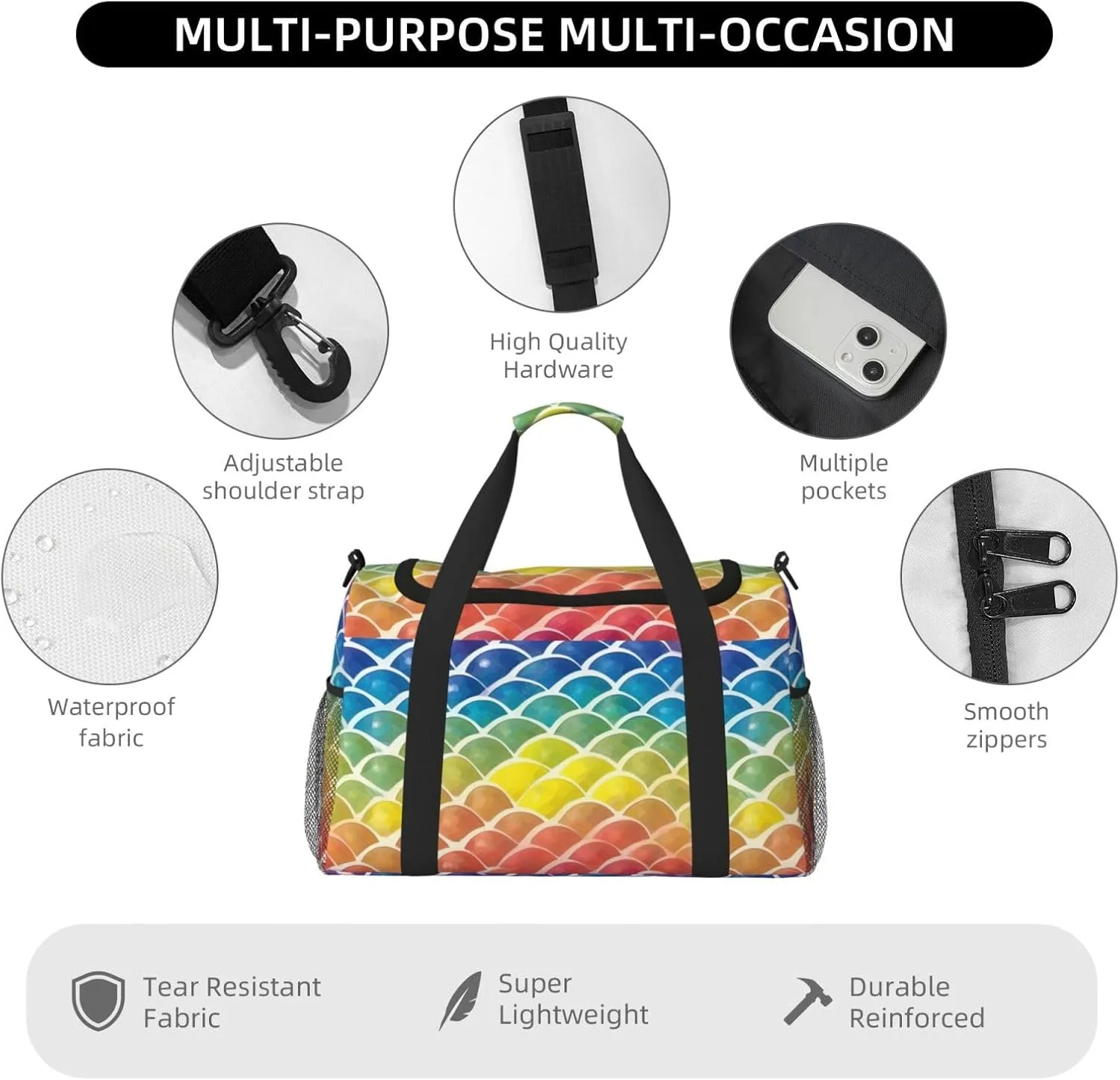 Rainbow Fish Scale Travel Duffel Bag With Zippers And Handles, Big Foldable Duffle Bag For Family Vacations