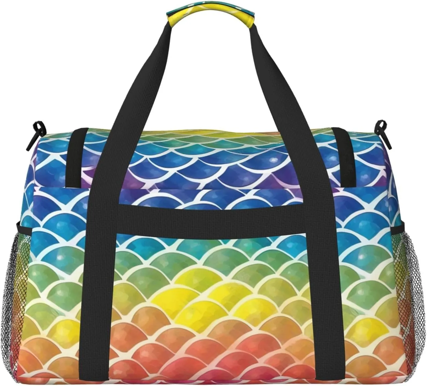 Rainbow Fish Scale Travel Duffel Bag With Zippers And Handles, Big Foldable Duffle Bag For Family Vacations