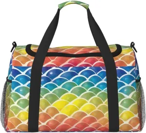 Rainbow Fish Scale Travel Duffel Bag With Zippers And Handles, Big Foldable Duffle Bag For Family Vacations