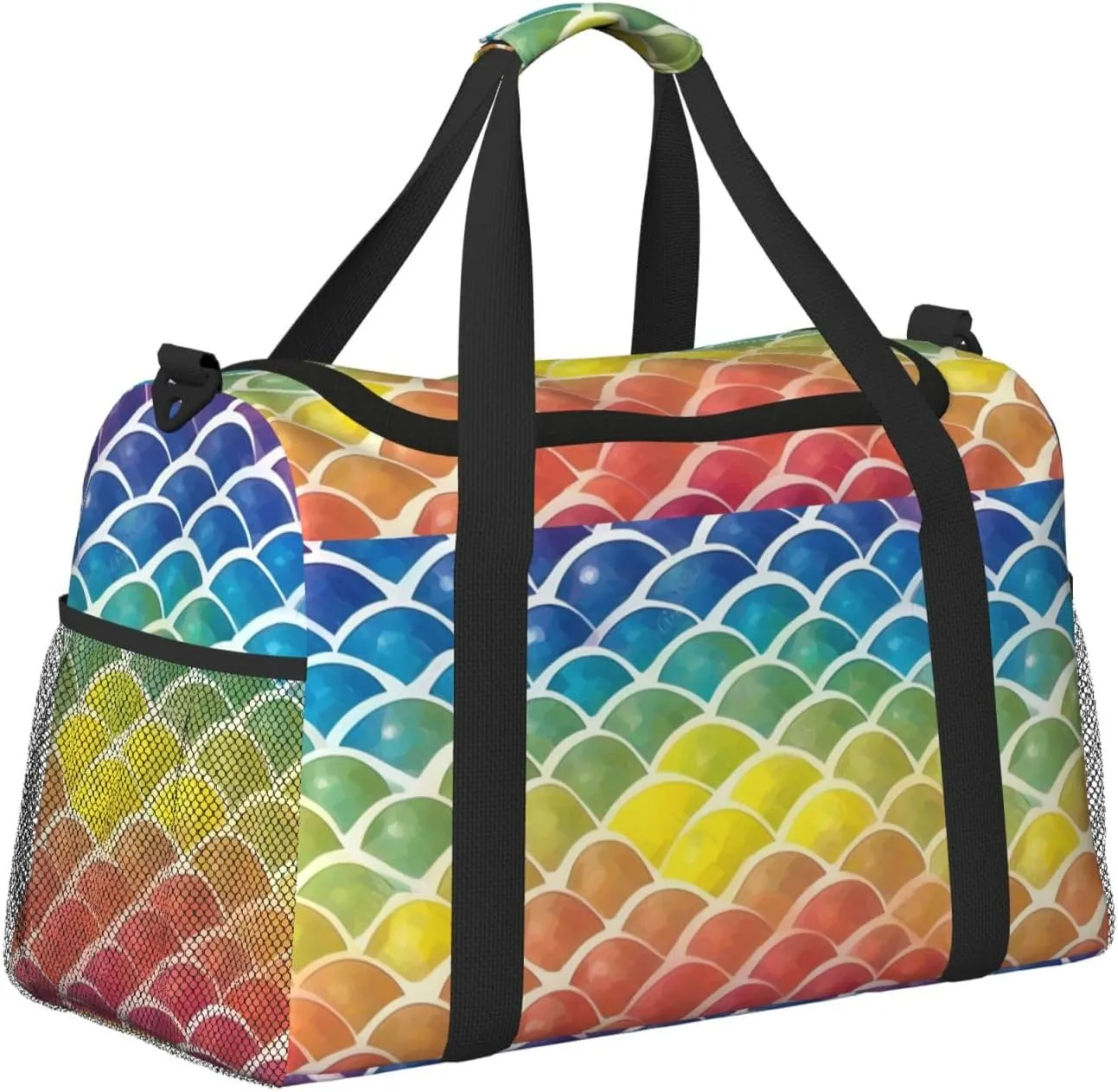 Rainbow Fish Scale Travel Duffel Bag With Zippers And Handles, Big Foldable Duffle Bag For Family Vacations