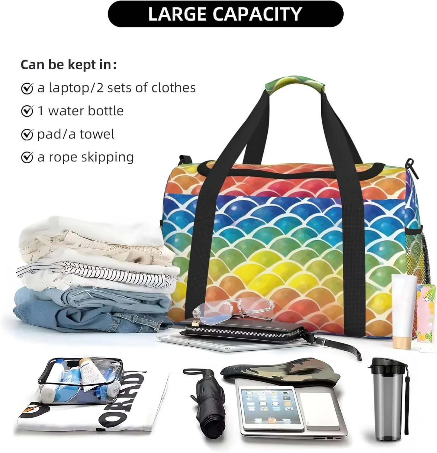 Rainbow Fish Scale Travel Duffel Bag With Zippers And Handles, Big Foldable Duffle Bag For Family Vacations