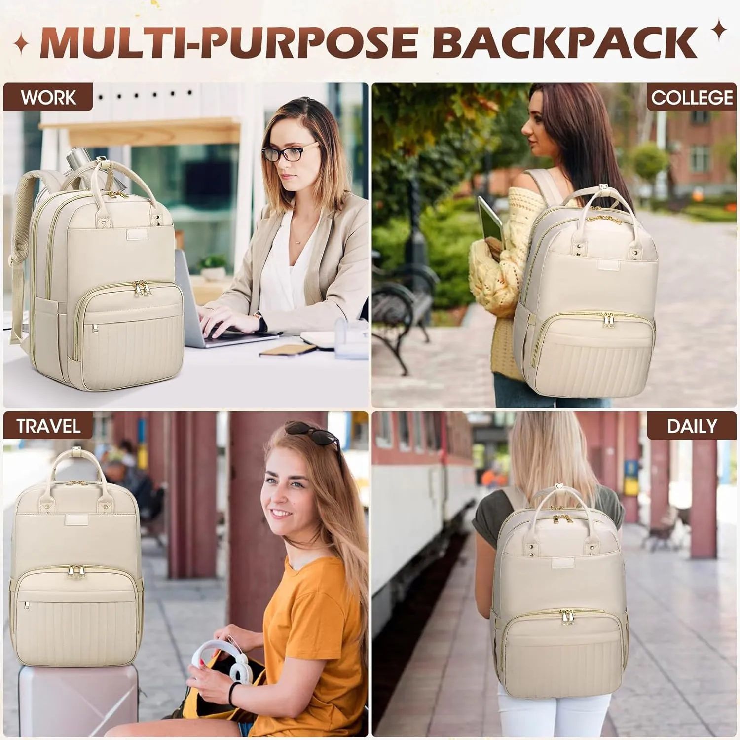 RAINSMORE Laptop Backpack for Women 15.6 Inch Fashion Carry on Travel Backpack Waterproof Work Business Computer Backpacks Purse Large Nurse Teacher Bags Casual Daypacks for College, Business, Apricot