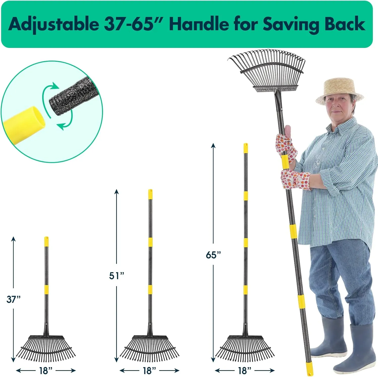 Rake - 65 Inch Long Garden Leaf Rake, 18 Inch Wide Heavy Duty Leaf Rakes for Shrub with 25 Metal Tines,Yard Thatching Rakes with Ergonomics Adjustable Handle for Picking Leaves,Grass Clippings Garbage