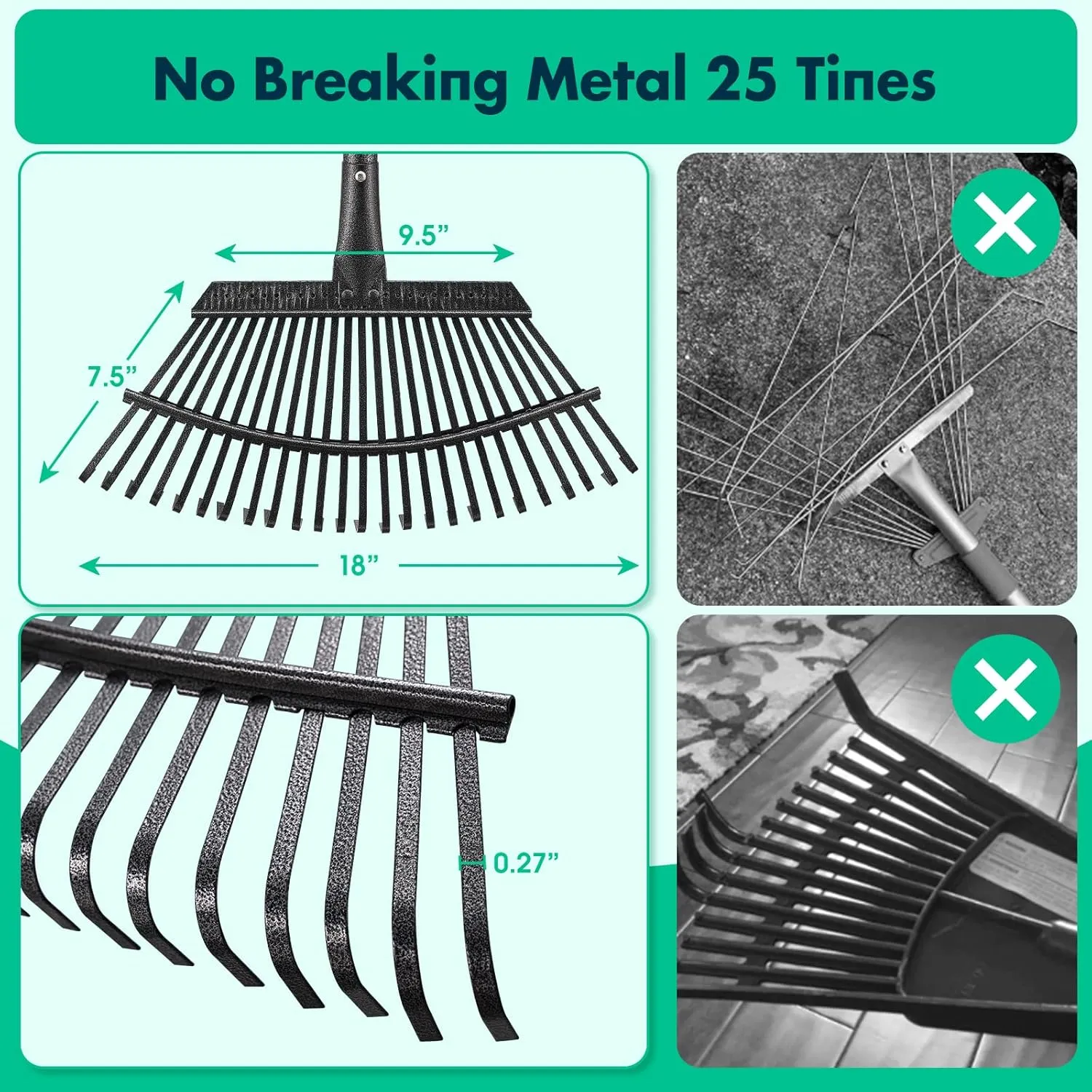 Rake - 65 Inch Long Garden Leaf Rake, 18 Inch Wide Heavy Duty Leaf Rakes for Shrub with 25 Metal Tines,Yard Thatching Rakes with Ergonomics Adjustable Handle for Picking Leaves,Grass Clippings Garbage