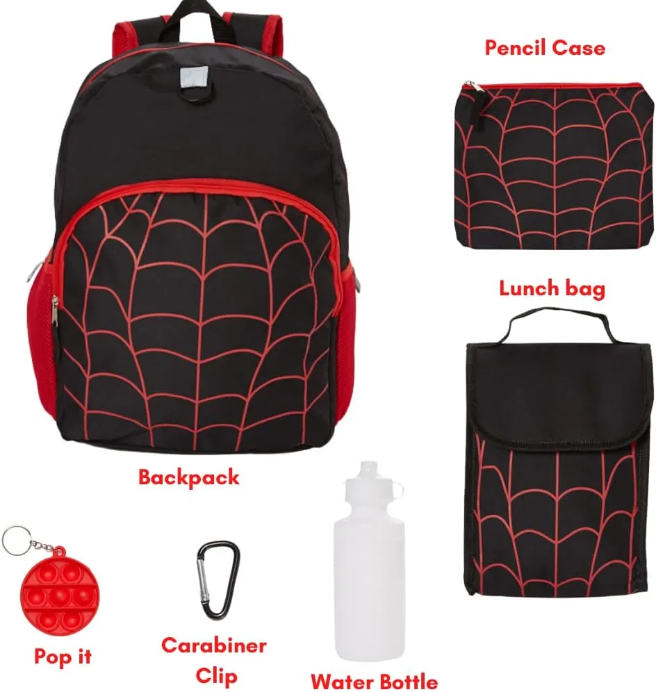 RALME Spiderweb Backpack Set for Boys, 16 inch, 6 Pieces with Foldable Lunch Bag, Water Bottle, Pencil Case, Pop It Key Chain, and Carabiner Clip