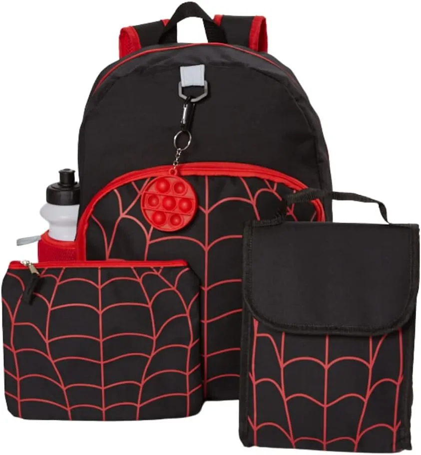 RALME Spiderweb Backpack Set for Boys, 16 inch, 6 Pieces with Foldable Lunch Bag, Water Bottle, Pencil Case, Pop It Key Chain, and Carabiner Clip