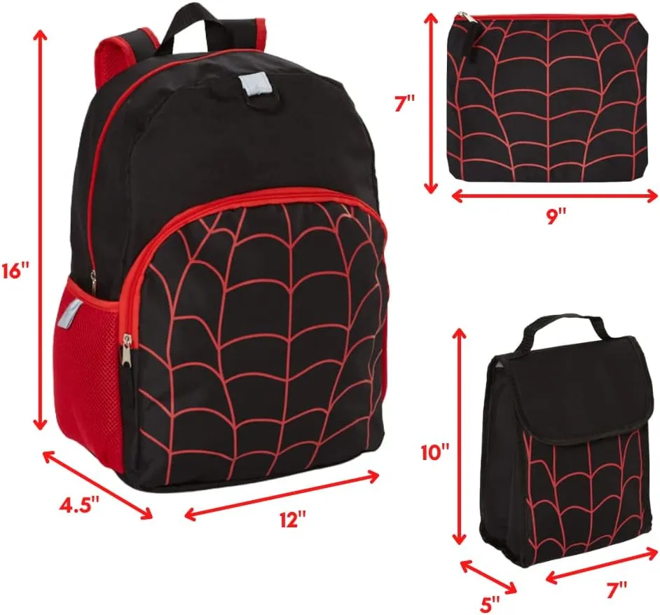 RALME Spiderweb Backpack Set for Boys, 16 inch, 6 Pieces with Foldable Lunch Bag, Water Bottle, Pencil Case, Pop It Key Chain, and Carabiner Clip