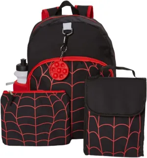 RALME Spiderweb Backpack Set for Boys, 16 inch, 6 Pieces with Foldable Lunch Bag, Water Bottle, Pencil Case, Pop It Key Chain, and Carabiner Clip