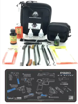 RangeMaster Elite EDC Bag Gun Cleaning Kit- Compatible for Sig P320 - Instructional Step by Step Pistol Mat with Hoppes Gun Oil No.9 Solvent & Patches Clenzoil CLP 10 Pc Cleaning Accessories Set
