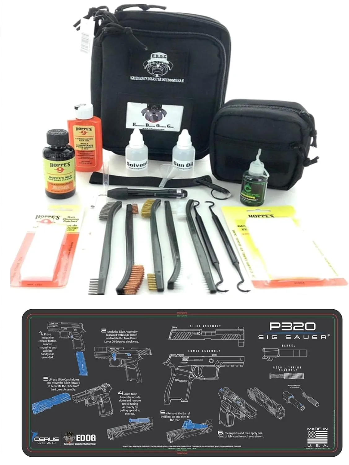 RangeMaster Elite EDC Bag Gun Cleaning Kit- Compatible for Sig P320 - Instructional Step by Step Pistol Mat with Hoppes Gun Oil No.9 Solvent & Patches Clenzoil CLP 10 Pc Cleaning Accessories Set
