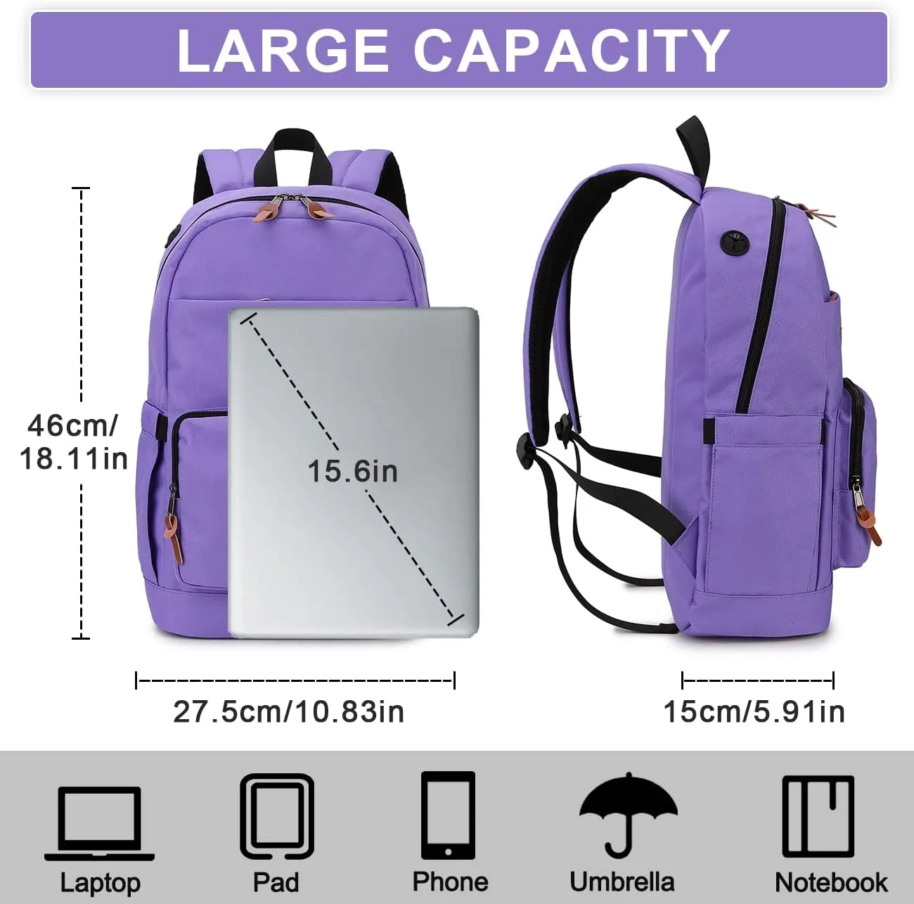 RAVUO School Backpack for Men Women, Water Resistant 15.6 inch Laptop Bag College Bookbag Casual Daypack Travel Rucksack