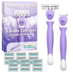Razors for Women with 6 Premium Blades, Women's Razors for Closing Shaving Include 2 Handles and 19 Blade Refills, Purple
