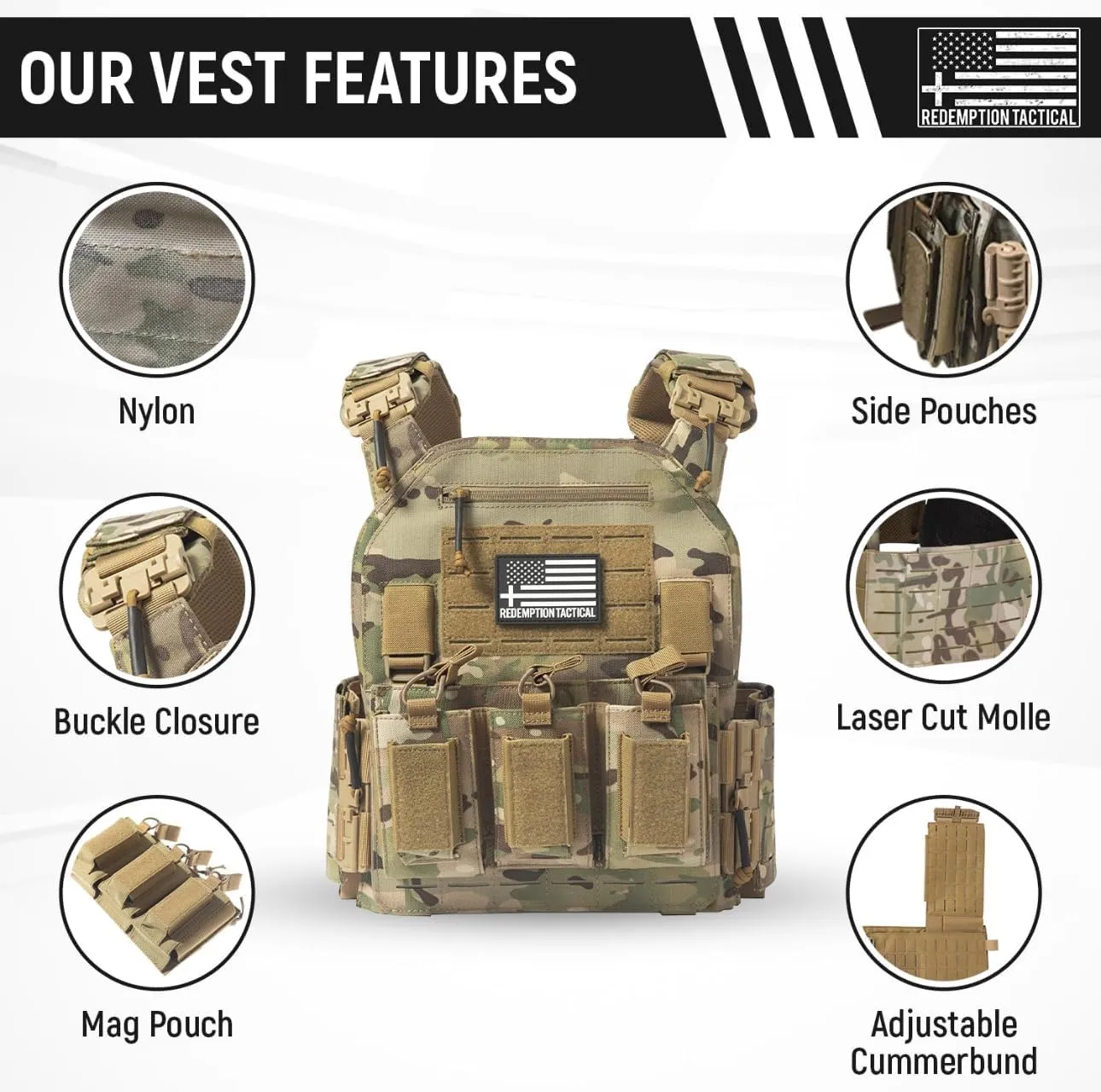 Redemption Crusader 2.0 Molle Quick Release Buckles Vest with Side Cummerbund Pouches and Triple Pouch