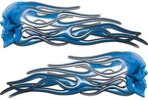 Reflective New School Street Rod Classic Car Style Evil Skull Flame Stickers/Decal Kit in Blue