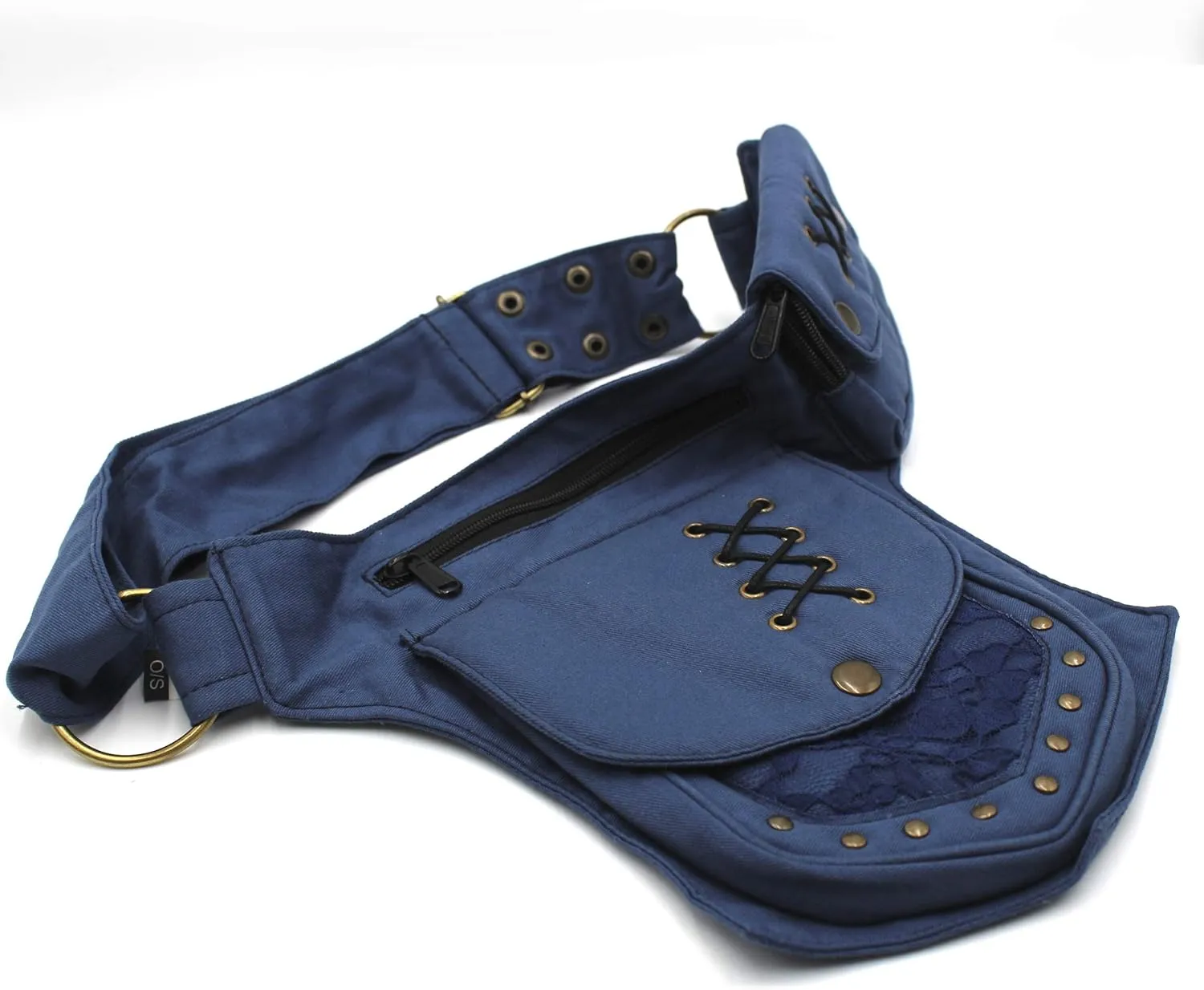 Renaissance Faire Festival Lace Fannypack Waistbag Cotton Utility Hip Belt-Blue