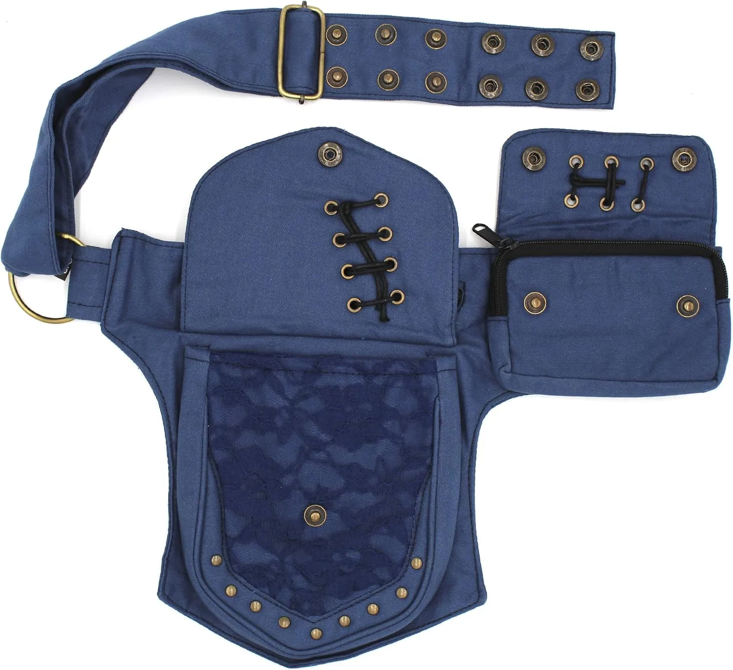 Renaissance Faire Festival Lace Fannypack Waistbag Cotton Utility Hip Belt-Blue