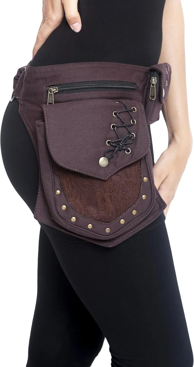 Renaissance Faire Festival Lace Fannypack Waistbag Cotton Utility Hip Belt-Brown-One Size