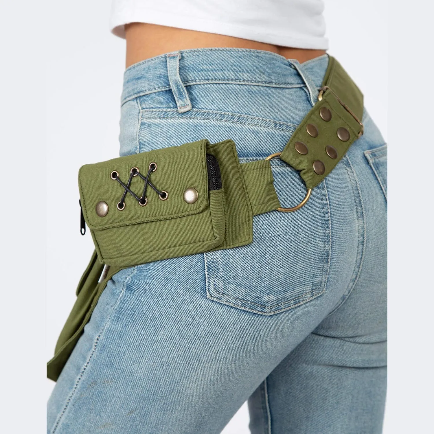 Renaissance Faire Festival Lace Fannypack Waistbag Cotton Utility Hip Belt- Sage -One Size