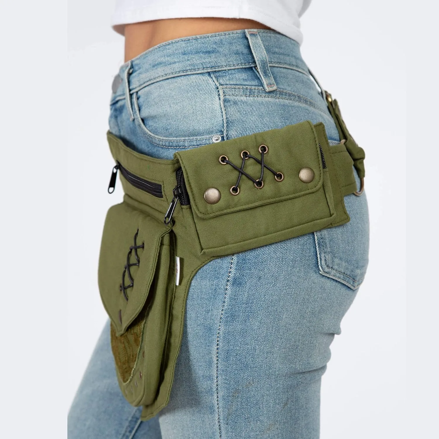 Renaissance Faire Festival Lace Fannypack Waistbag Cotton Utility Hip Belt- Sage -One Size