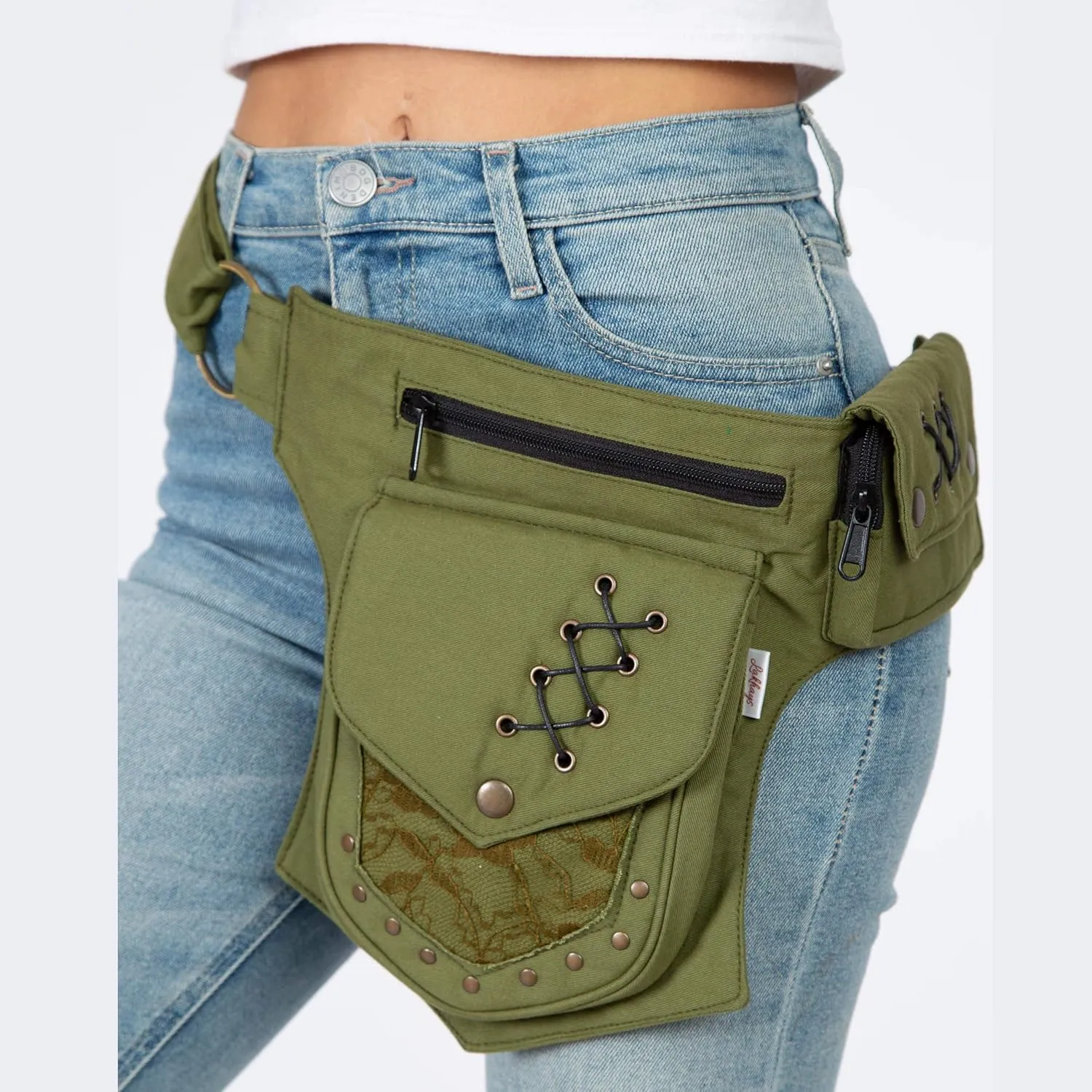 Renaissance Faire Festival Lace Fannypack Waistbag Cotton Utility Hip Belt- Sage -One Size