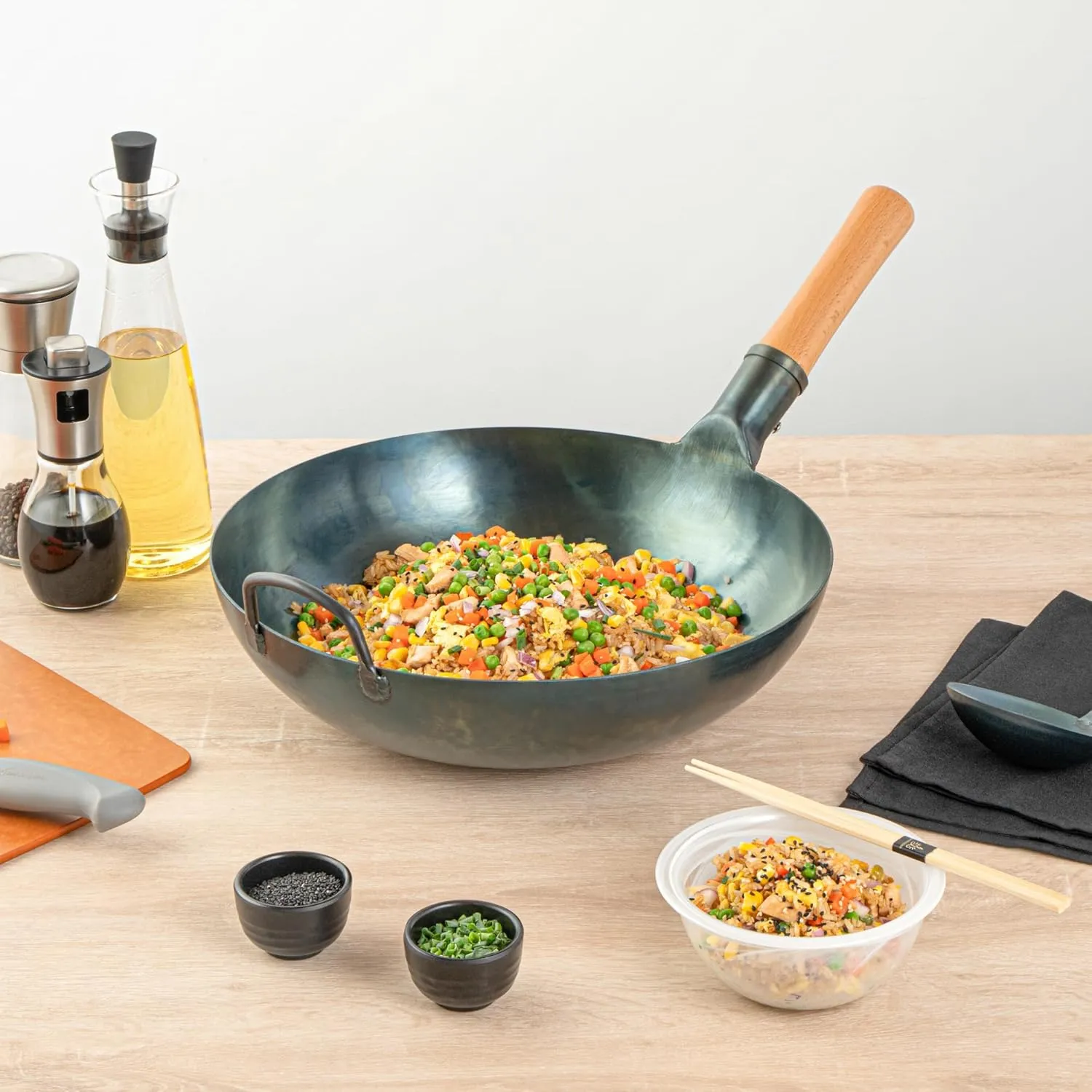 Restaurantware-Motomori 14 Inch Blue Carbon Steel Wok Pans, 10 Traditional Japanese Woks - Flat Bottom, Hand-Hammered, Carbon Steel Traditional Stir Fry Pans, With Wooden Handle