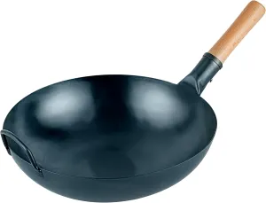 Restaurantware-Motomori 14 Inch Blue Carbon Steel Wok Pans, 10 Traditional Japanese Woks - Flat Bottom, Hand-Hammered, Carbon Steel Traditional Stir Fry Pans, With Wooden Handle
