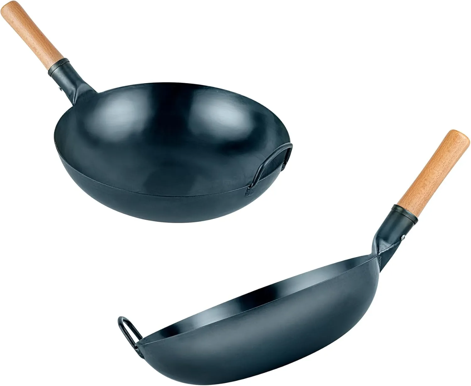 Restaurantware-Motomori 14 Inch Blue Carbon Steel Wok Pans, 10 Traditional Japanese Woks - Flat Bottom, Hand-Hammered, Carbon Steel Traditional Stir Fry Pans, With Wooden Handle