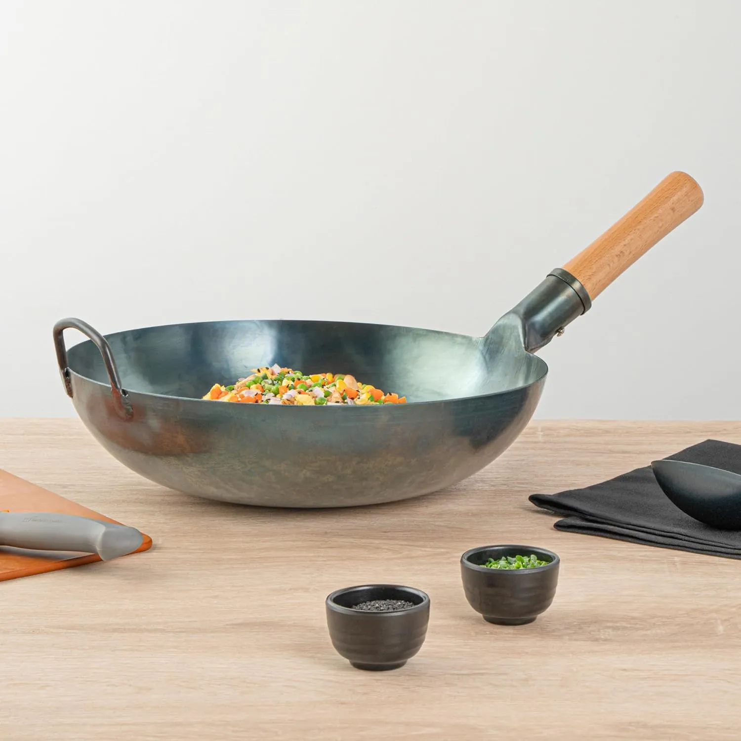Restaurantware-Motomori 14 Inch Blue Carbon Steel Wok Pans, 10 Traditional Japanese Woks - Flat Bottom, Hand-Hammered, Carbon Steel Traditional Stir Fry Pans, With Wooden Handle