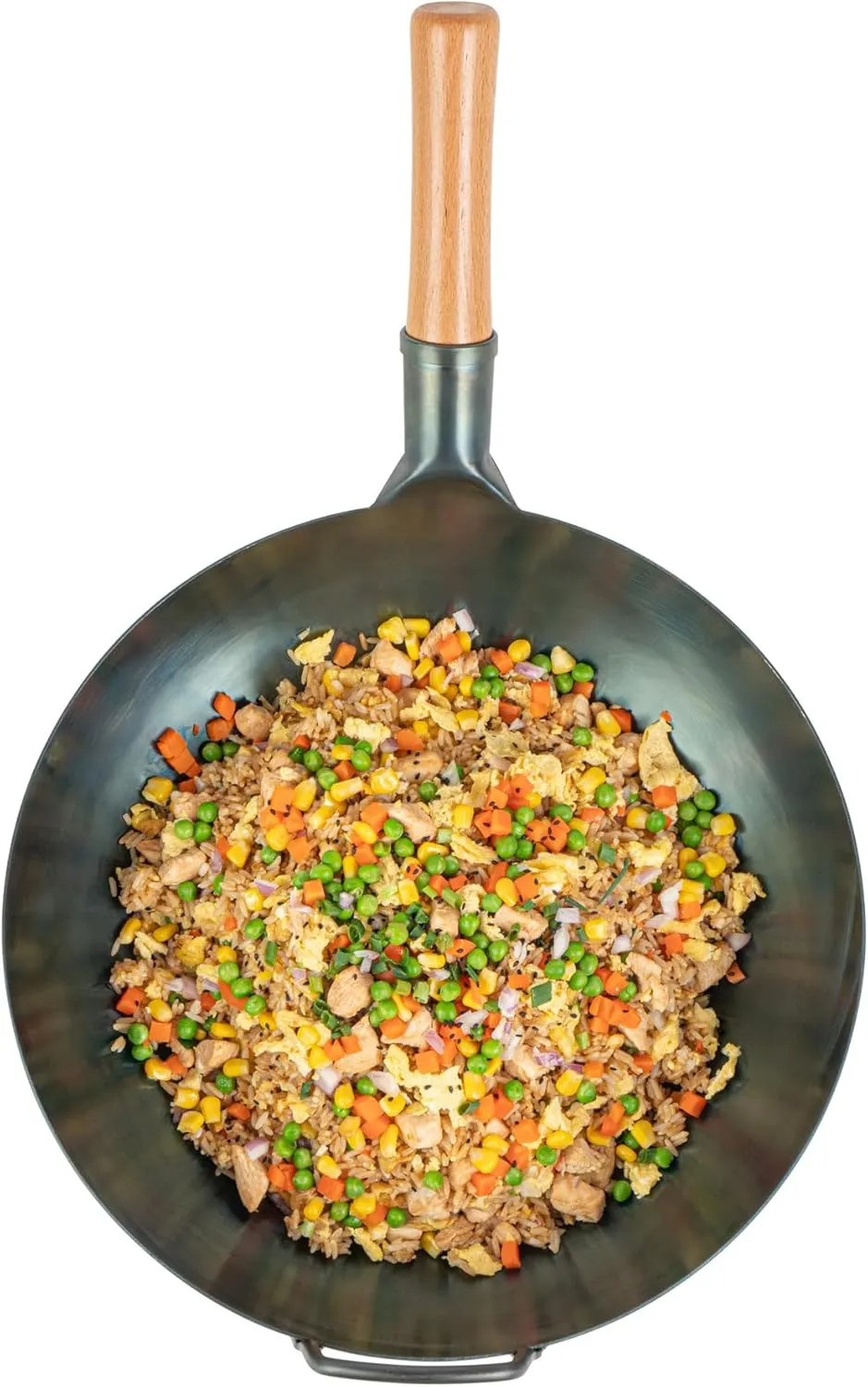 Restaurantware-Motomori 14 Inch Blue Carbon Steel Wok Pans, 10 Traditional Japanese Woks - Flat Bottom, Hand-Hammered, Carbon Steel Traditional Stir Fry Pans, With Wooden Handle