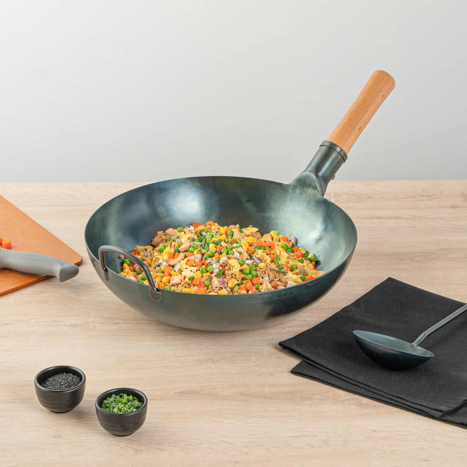 Restaurantware-Motomori 14 Inch Blue Carbon Steel Wok Pans, 10 Traditional Japanese Woks - Flat Bottom, Hand-Hammered, Carbon Steel Traditional Stir Fry Pans, With Wooden Handle