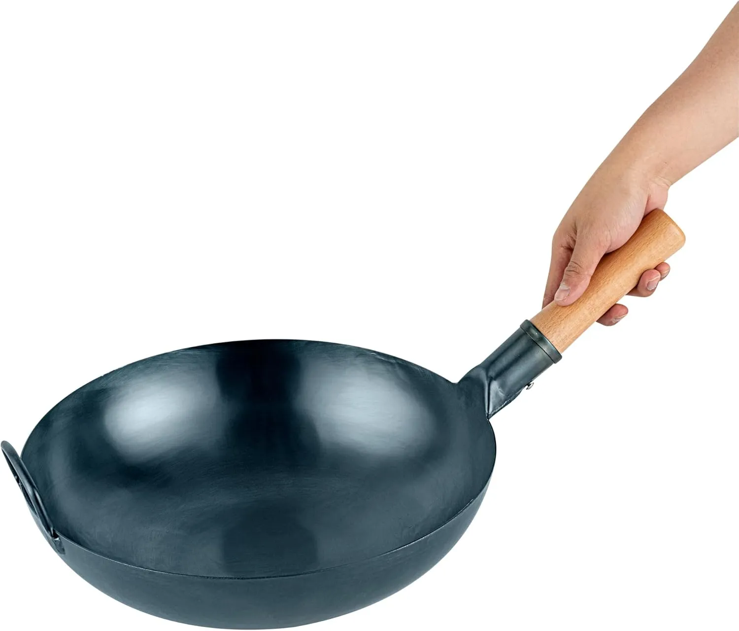 Restaurantware-Motomori 14 Inch Blue Carbon Steel Wok Pans, 10 Traditional Japanese Woks - Flat Bottom, Hand-Hammered, Carbon Steel Traditional Stir Fry Pans, With Wooden Handle