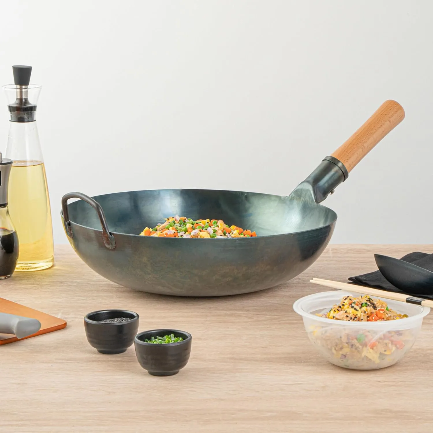 Restaurantware-Motomori 14 Inch Blue Carbon Steel Wok Pans, 10 Traditional Japanese Woks - Flat Bottom, Hand-Hammered, Carbon Steel Traditional Stir Fry Pans, With Wooden Handle