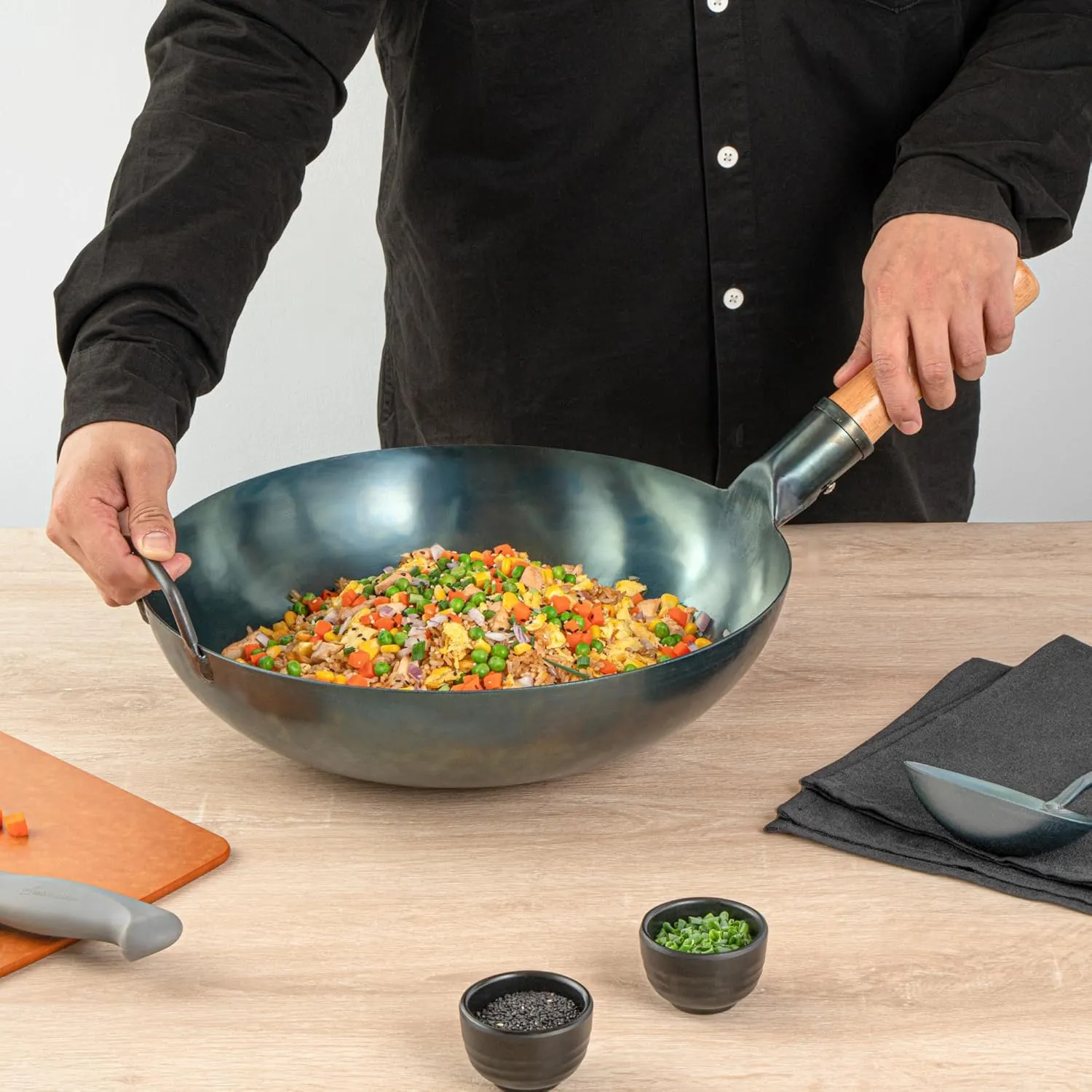 Restaurantware-Motomori 14 Inch Blue Carbon Steel Wok Pans, 10 Traditional Japanese Woks - Flat Bottom, Hand-Hammered, Carbon Steel Traditional Stir Fry Pans, With Wooden Handle