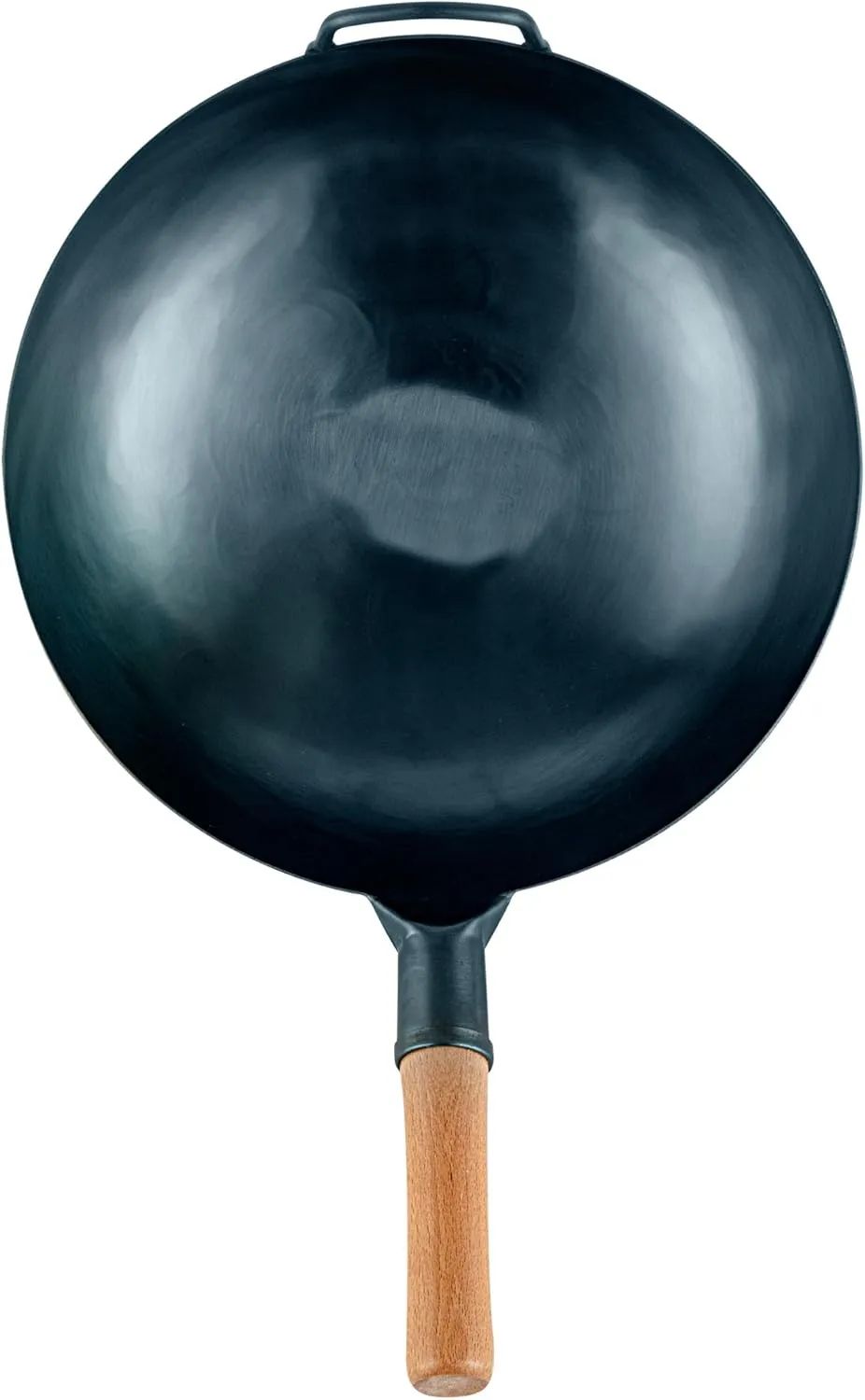 Restaurantware-Motomori 14 Inch Blue Carbon Steel Wok Pans, 10 Traditional Japanese Woks - Flat Bottom, Hand-Hammered, Carbon Steel Traditional Stir Fry Pans, With Wooden Handle