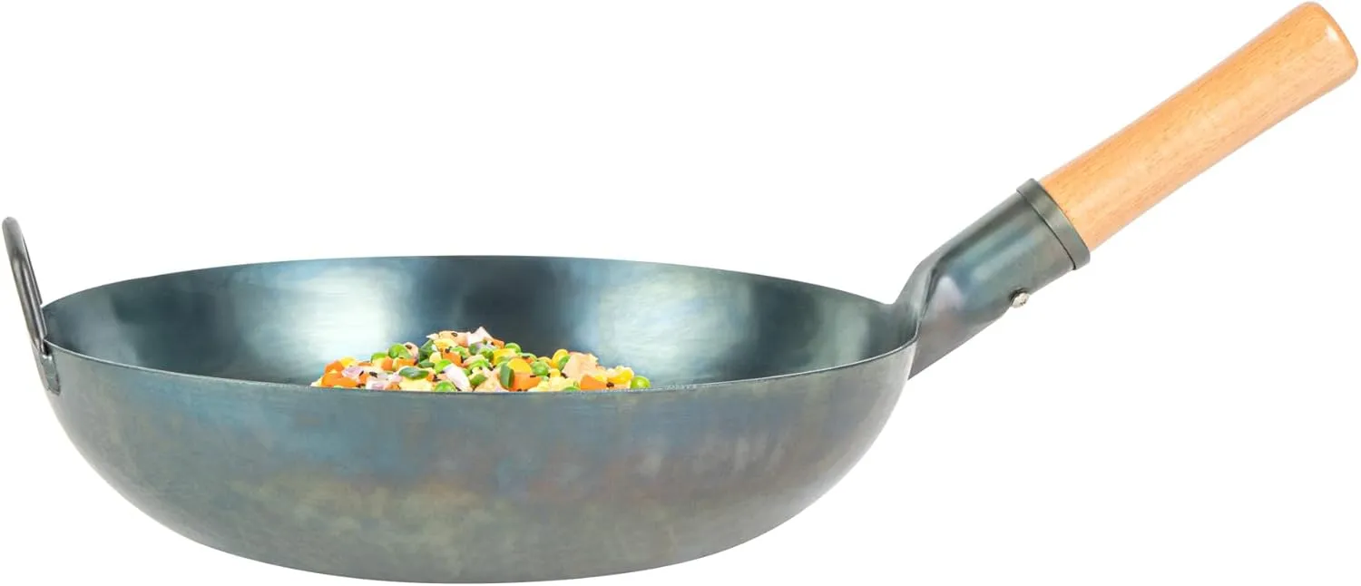 Restaurantware-Motomori 14 Inch Blue Carbon Steel Wok Pans, 10 Traditional Japanese Woks - Flat Bottom, Hand-Hammered, Carbon Steel Traditional Stir Fry Pans, With Wooden Handle