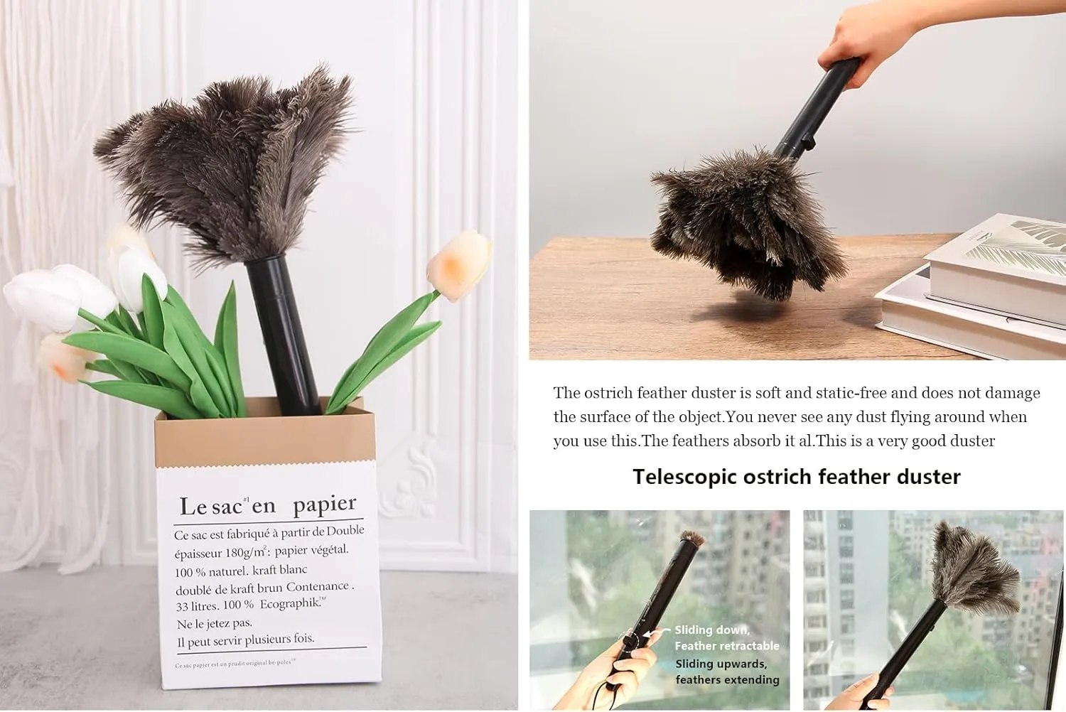 Retractable Ostrich Feather Duster for Cleaning, Fluffy and Natural Feather Duster with Retractable Handle， Reusable Eco-Friendly Handheld Cleaning Supplies (15 inch)
